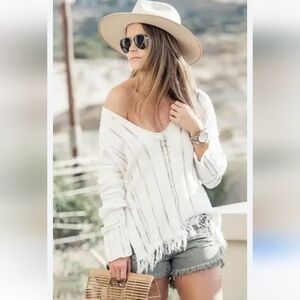 FREE PEOPLE Ocean Drive Ivory Split Frayed Hem Boho Beach Sweater NWT Small